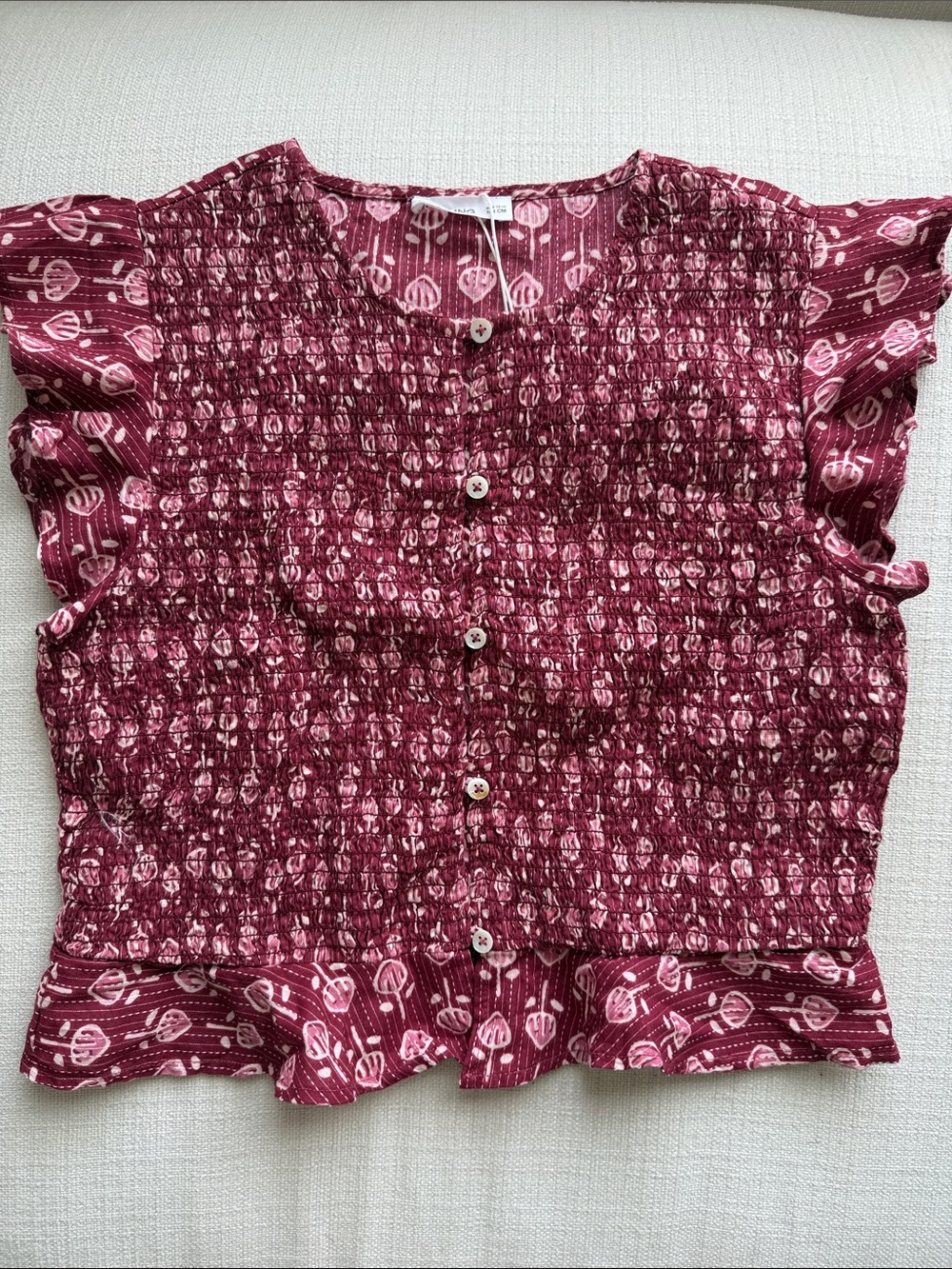 Mango Burgundy Smocked Floral Button-Front Blouse
Size 13/14 - fits like a 10